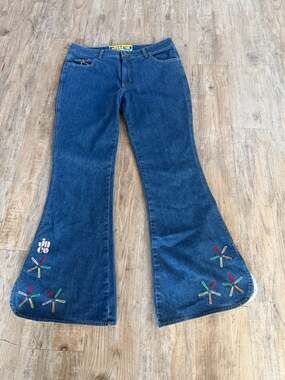 JNCO Chimes Wide Leg Flare Denim Jeans Flower Embroidery Women’s